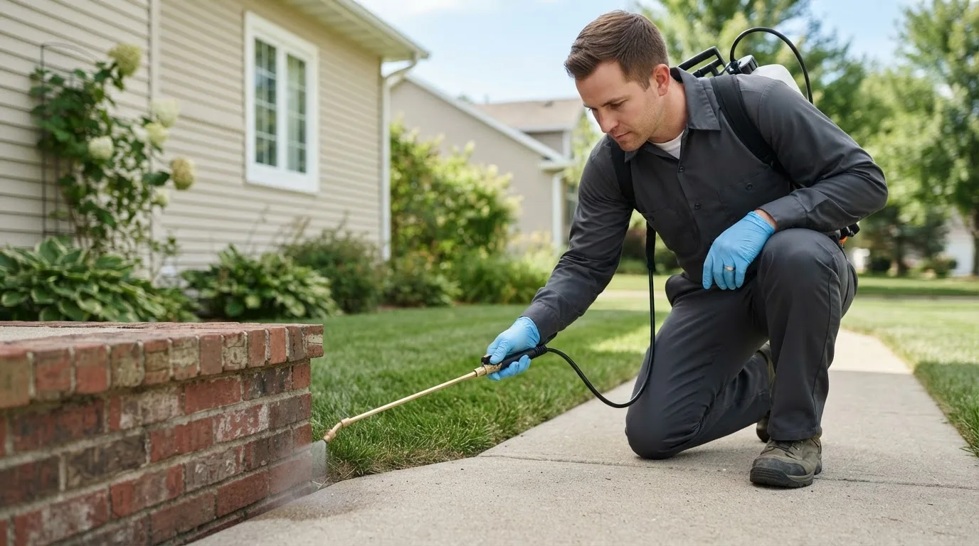 Pest control technician treating a home near Lomira, WI