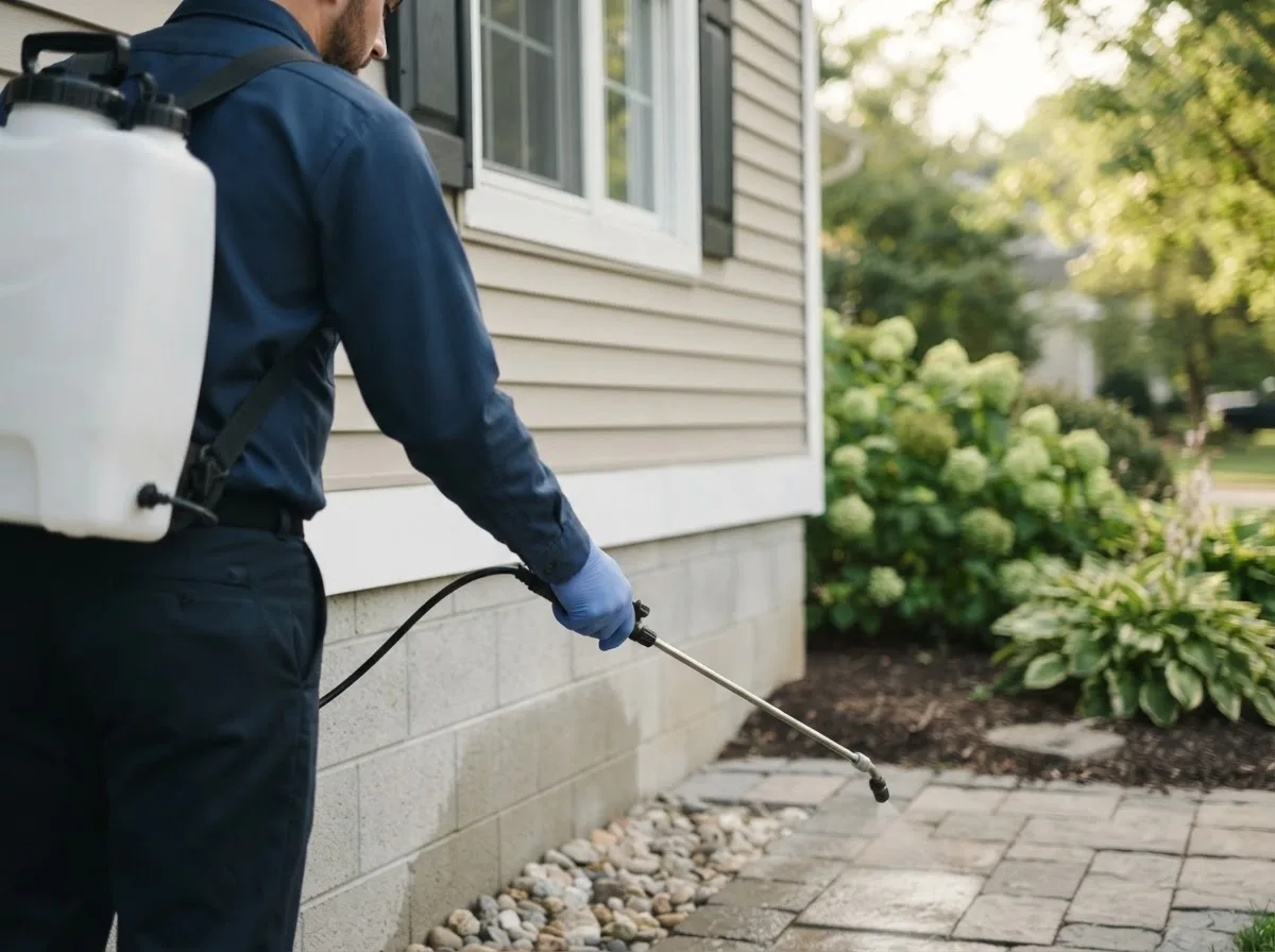 Pest control technician inspecting a home in Lomira, WI